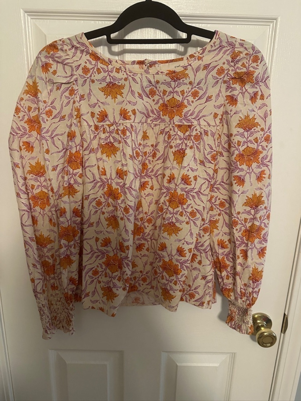 Universal Thread White Peasant Blouse with Orange & Purple Floral Print
